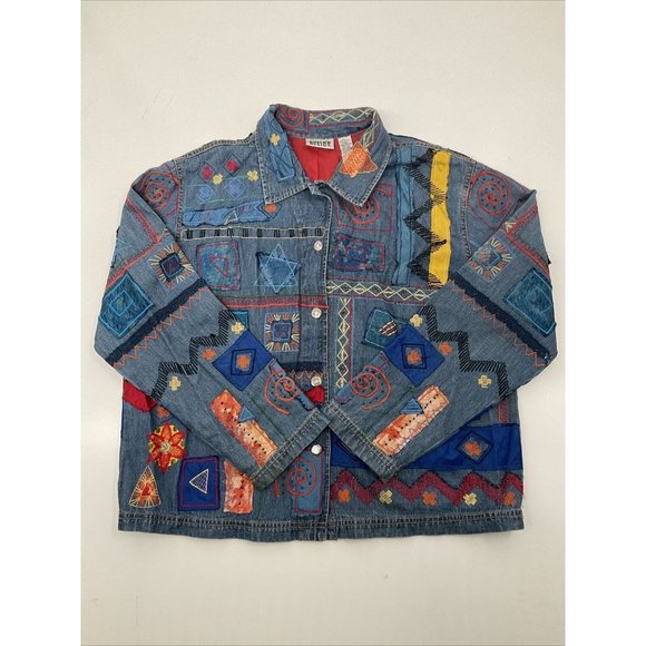 Vintage Chico's Denim Jacket Womens 2 Silk Patxhwork Designs Womens L/12 - Picture 12 of 14